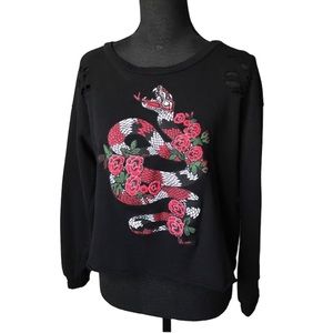 Fashion nova Black distressed destructed crop sweater snake roses floral